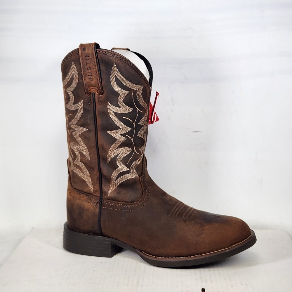 Justin Buster Boots Men Size 8.5 Distressed Brown Cowhide Wide Round Toe 7221